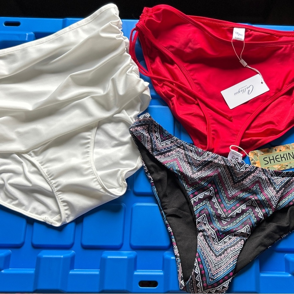 3 for $40 any bathing suits.
Red, White, and Patterned Bikini Bottoms